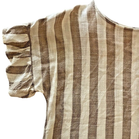 Whispers Tops - Whispers‎ 100% Linen Top Sz L Ruffle Sleeve Taupe Stripe Lagenlook